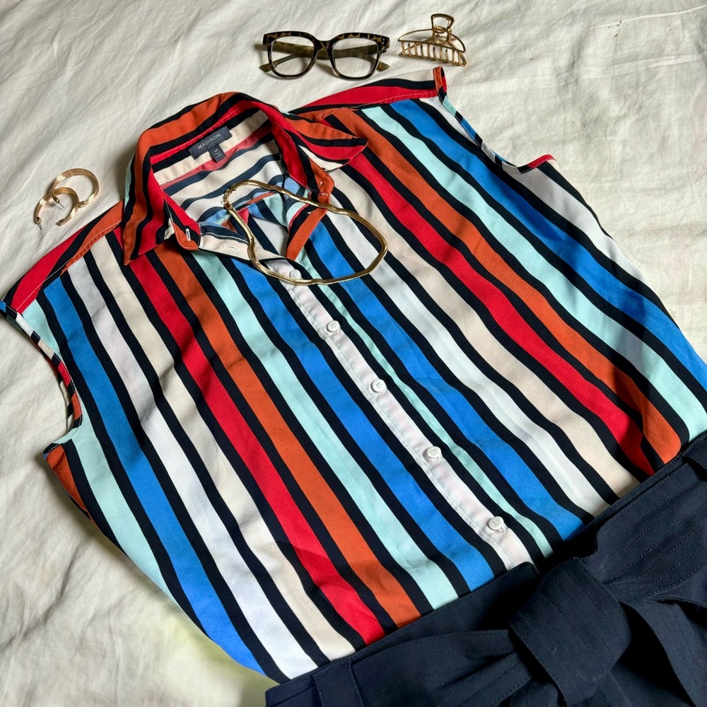 MADISON Sleeveless Button Up Blouse, Multi-Color Stripes, Medium